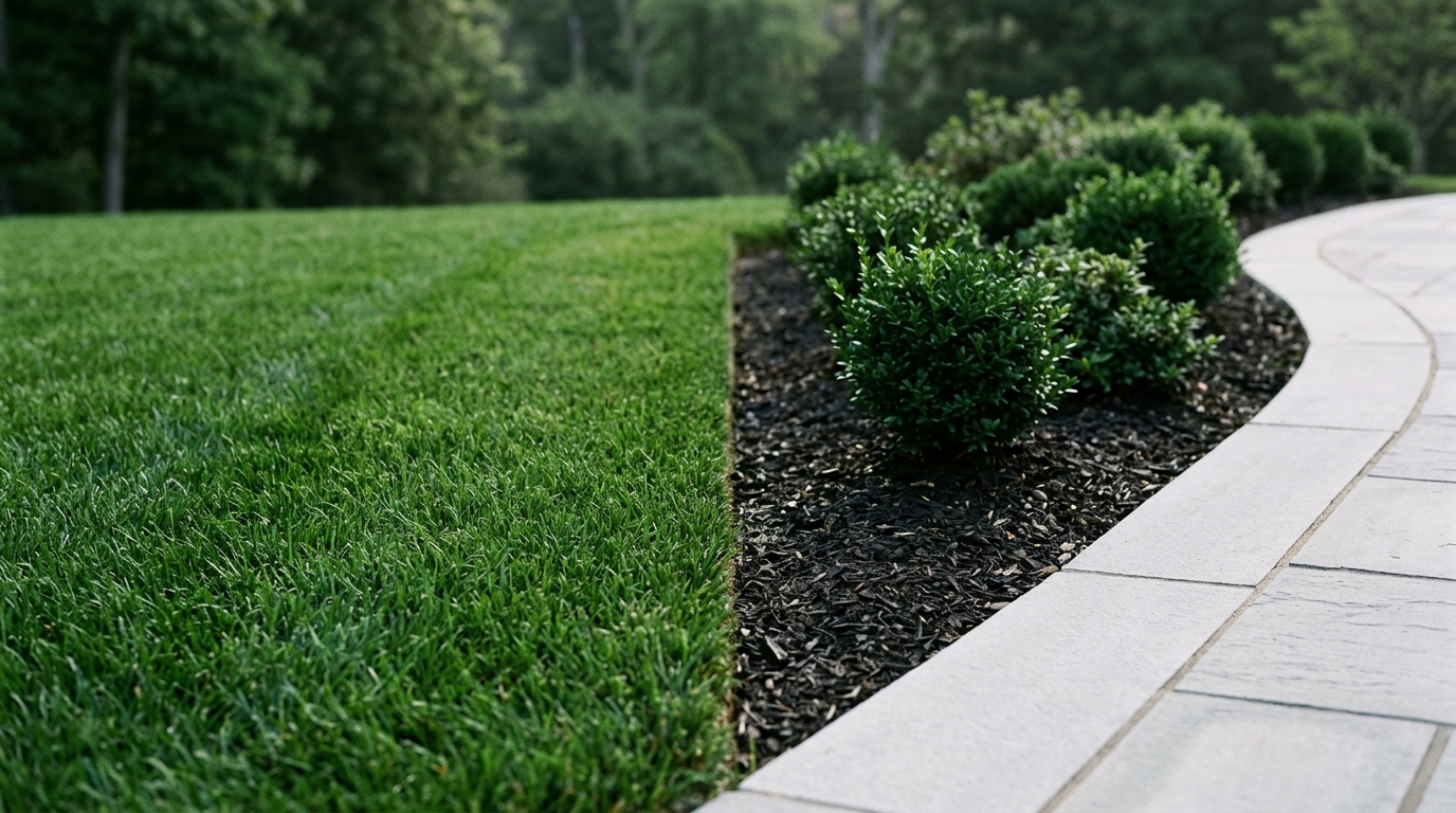 Crisp maintained turf, clean mulch bed, and walkway edge