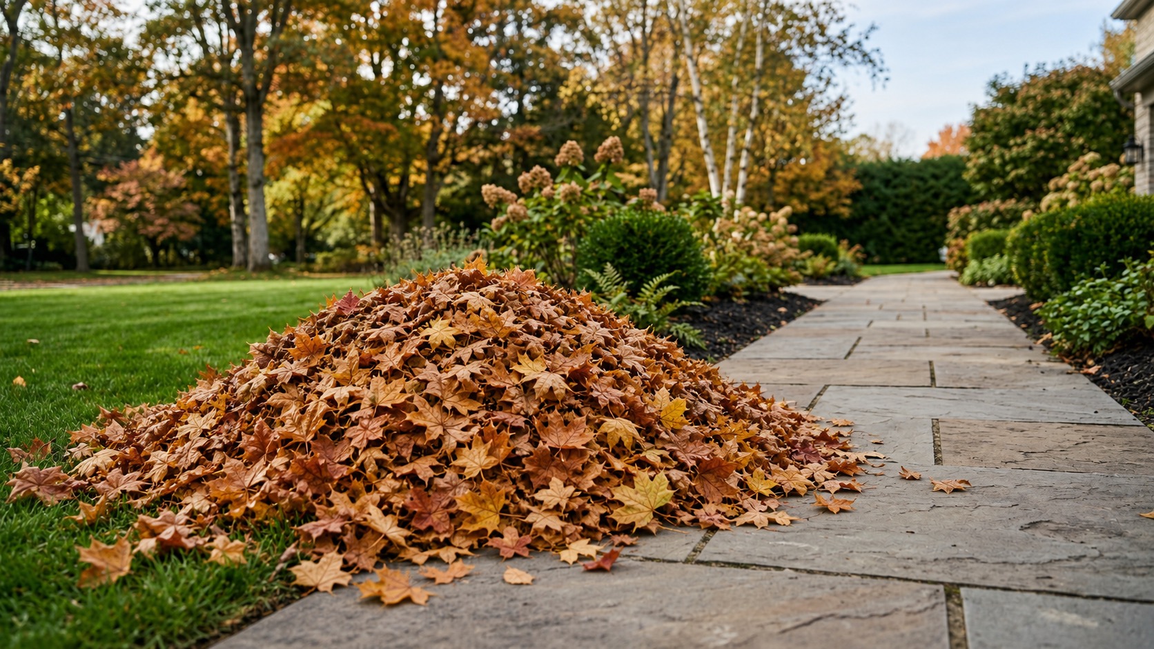 Large pile of autumn leaves beside a clean walkway