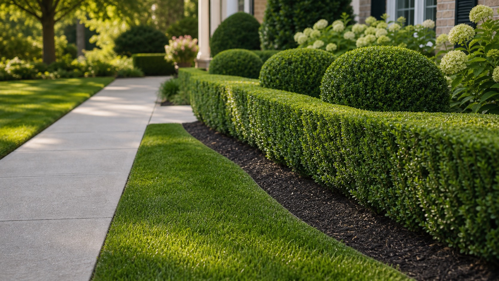 Trimmed hedges beside a neatly edged lawn and walkway