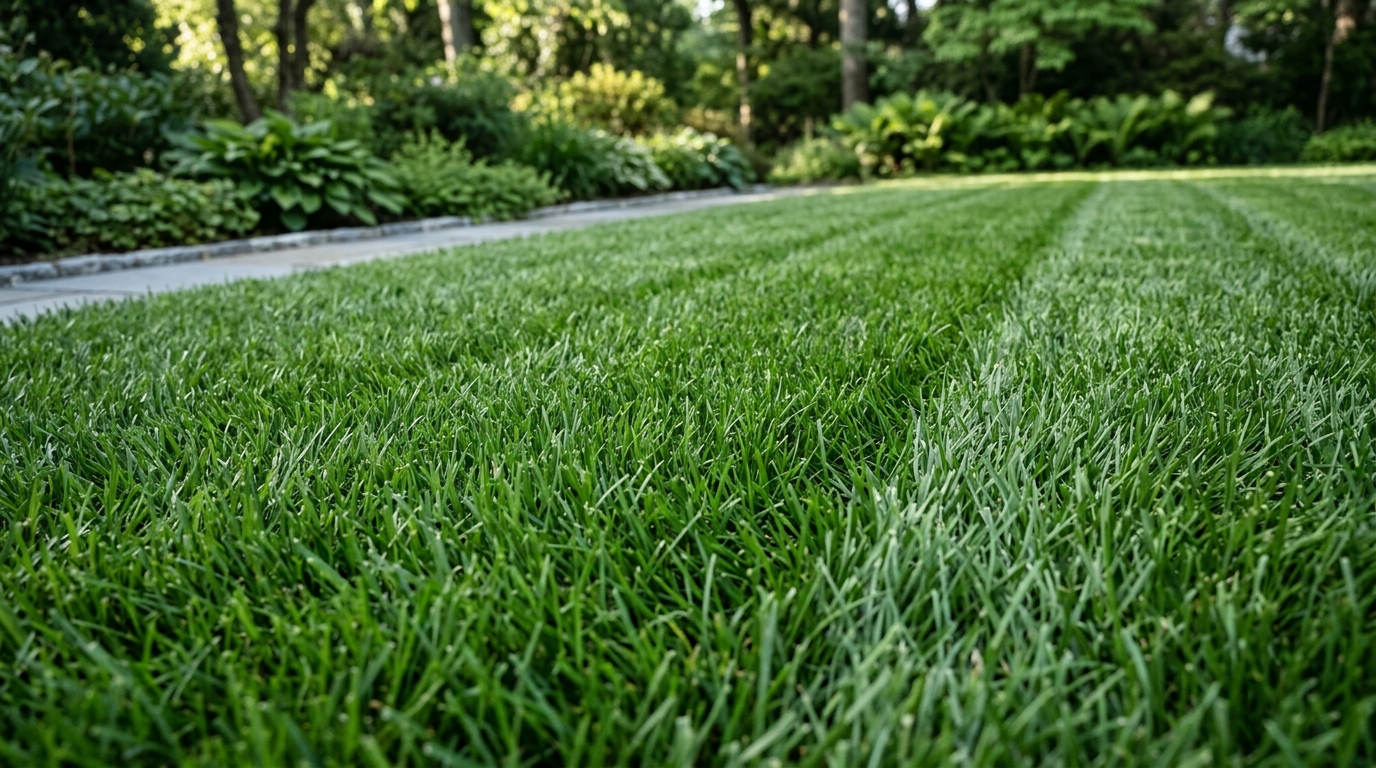 Freshly mowed dense green lawn